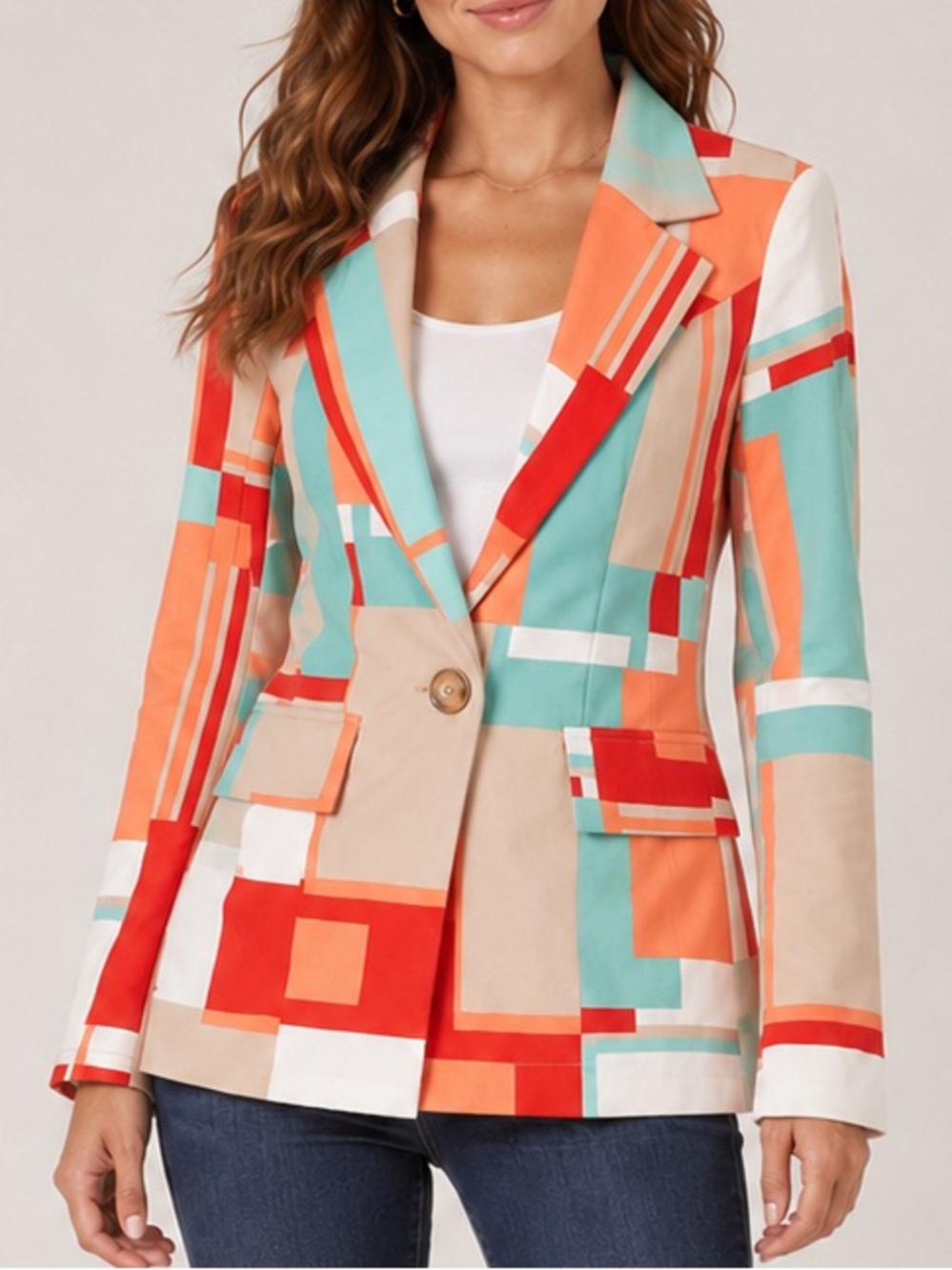 GLAMAKER Vintage Geometric One Button Blue Red Orange Colorblock Blazer Size S
